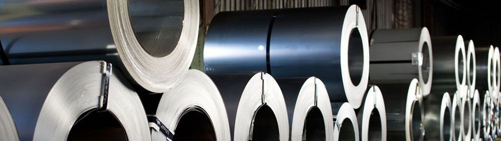 panoramic photo of large stack of steel coils in the steel service center in Orange County
